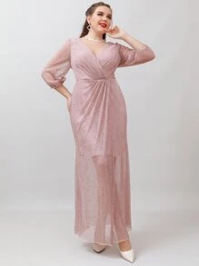 SHEIN Belle Plus Surplice Neck Ruched Glitter Bridesmaid Dress - Dusty Pink - View 5