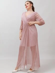 SHEIN Belle Plus Surplice Neck Ruched Glitter Bridesmaid Dress - Dusty Pink - View 6