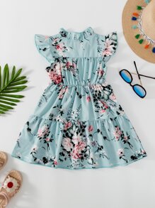SHEIN Young Girl Floral Print Ruffle Trim Dress - Blue - View 2