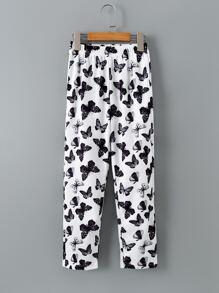 Girls Butterfly Print Elastic Waist Trousers - Black and White - View 1