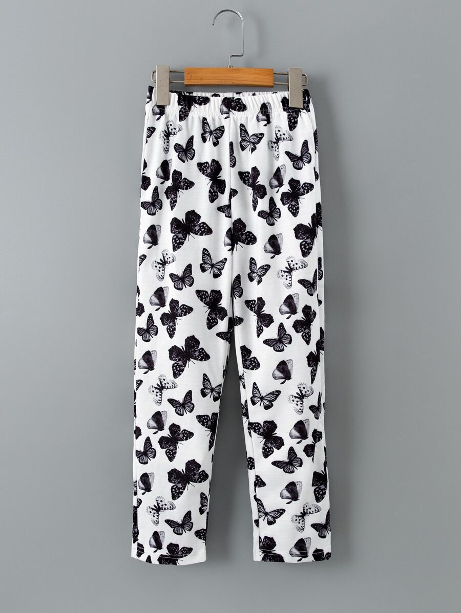 Girls Butterfly Print Elastic Waist Trousers - Black and White - View 1