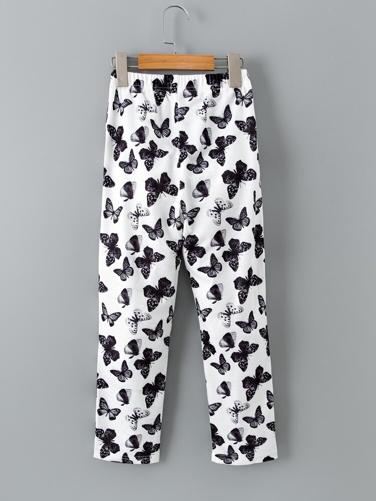 Girls Butterfly Print Elastic Waist Trousers - Black and White - View 2