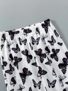 Girls Butterfly Print Elastic Waist Trousers - Black and White - View 3