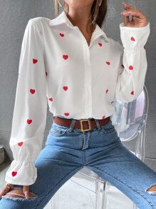 SHEIN Frenchy Camisa Impressão de coração Manga Babado