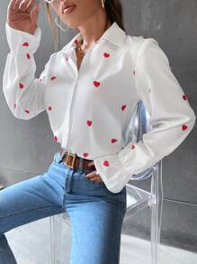 SHEIN Frenchy Camisa Impressão de coração Manga Babado