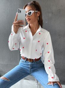 SHEIN Frenchy Camisa Impressão de coração Manga Babado