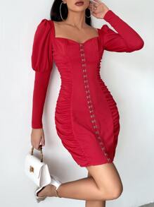 Sweetheart Neck Gigot Sleeve Hook And Eye Dress Fall Cloth For Women - Red - View 3