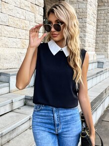 SHEIN LUNE Áo sơ mi nữ Tương phản ren Khối Màu Thanh lịch - màu đen - Xem 1