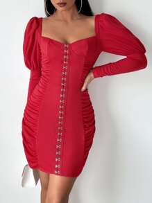 Sweetheart Neck Gigot Sleeve Hook And Eye Dress Fall Cloth For Women - Red - View 4