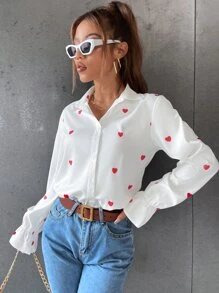 SHEIN Frenchy Camisa Impressão de coração Manga Babado