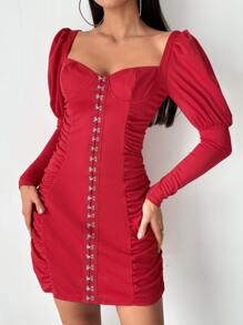 Sweetheart Neck Gigot Sleeve Hook And Eye Dress Fall Cloth For Women - Red - View 5