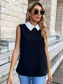 SHEIN LUNE Áo sơ mi nữ Tương phản ren Khối Màu Thanh lịch - màu đen - Xem 4