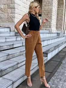 Chiquease Quần nữ Nút màu trơn Giải trí - màu nâu - Xem 4