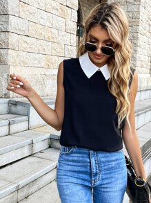 SHEIN LUNE Áo sơ mi nữ Tương phản ren Khối Màu Thanh lịch - màu đen - Xem 7