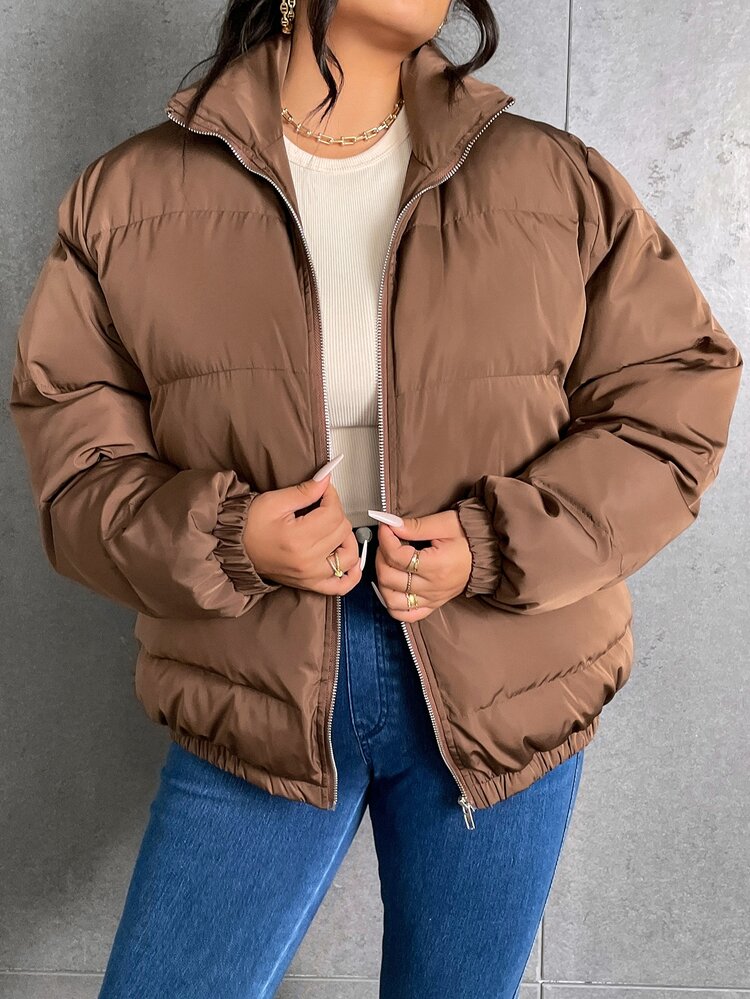 Plus Size Zip Up Padded Padded Coat For Winter Clothes Wear - Brown - View 1