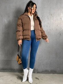 Plus Size Zip Up Padded Padded Coat For Winter Clothes Wear - Brown - View 3