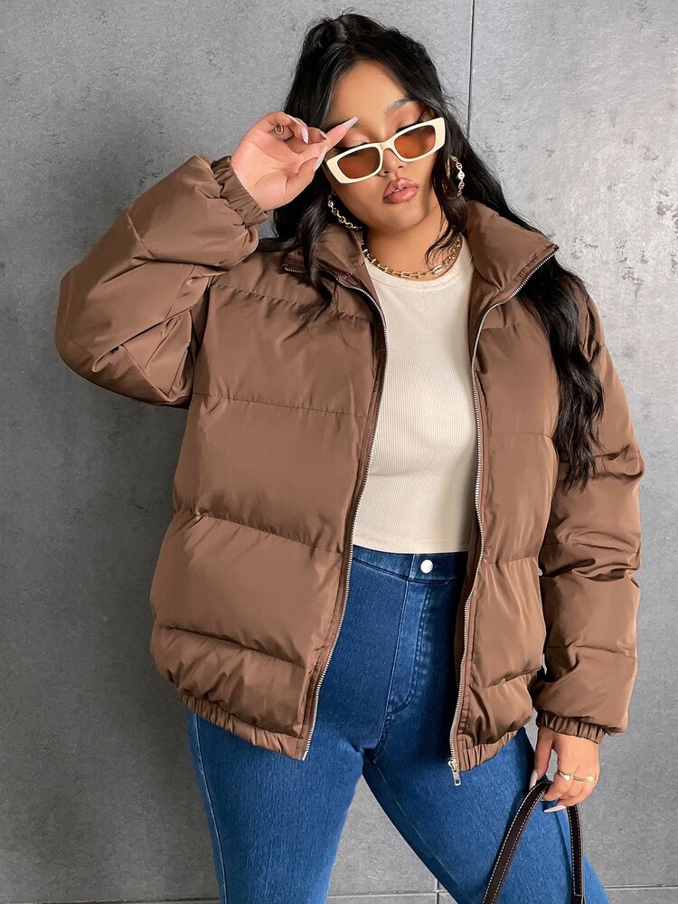 Plus Size Zip Up Padded Padded Coat For Winter Clothes Wear - Brown - View 4
