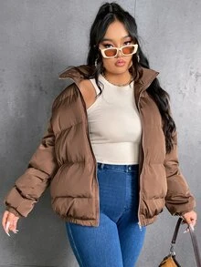 Plus Size Zip Up Padded Padded Coat For Winter Clothes Wear - Brown - View 5