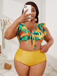 大尺碼葉印花打結胸前褶邊比基尼套裝夏季沙灘 - 彩色 - 查看 1
