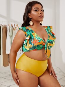 大尺碼葉印花打結胸前褶邊比基尼套裝夏季沙灘 - 彩色 - 查看 3