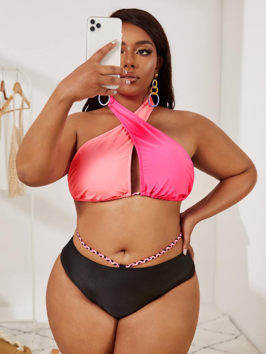 SHEIN Swim Curve Plus Size Color Block Criss Cross Bikini Set Summer Beach - Multicolor - View 1