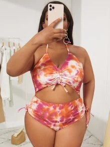 Plus Tie Dye Cut-out One Piece Swimsuit - Multicolor - View 3