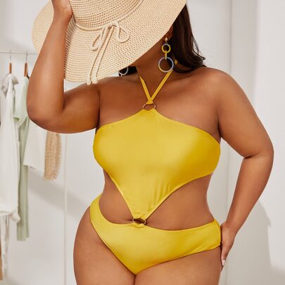 Plus Cut-out Ring Linked One Piece Swimsuit