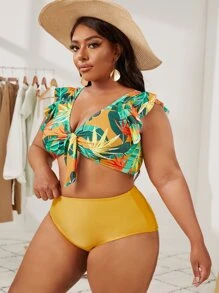 大尺碼葉印花打結胸前褶邊比基尼套裝夏季沙灘 - 彩色 - 查看 4