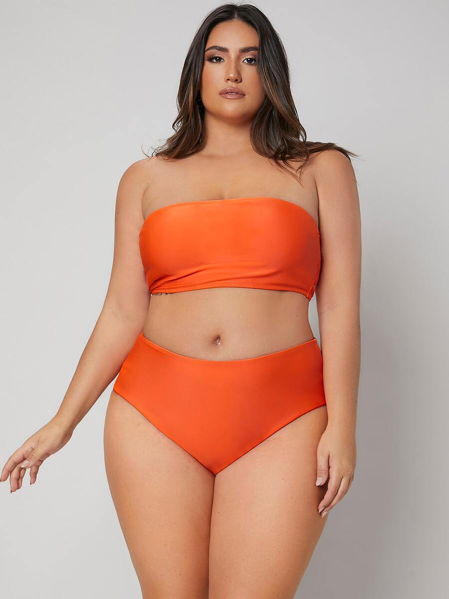 Plus Size Bandeau High Waisted Bikini Set Summer Beach - Orange - View 1