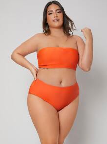 Plus Size Bandeau High Waisted Bikini Set Summer Beach - Orange - View 4