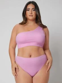Conjunto de bikini de verano para playa de talla grande con costillas y un solo hombro - Rosa - Ver 1
