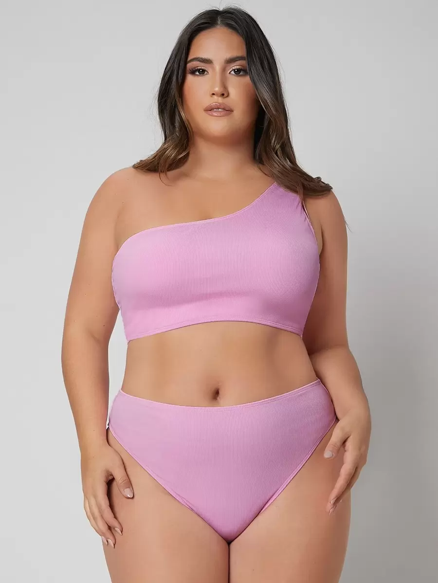 Conjunto de bikini de verano para playa de talla grande con costillas y un solo hombro - Rosa - Ver 1