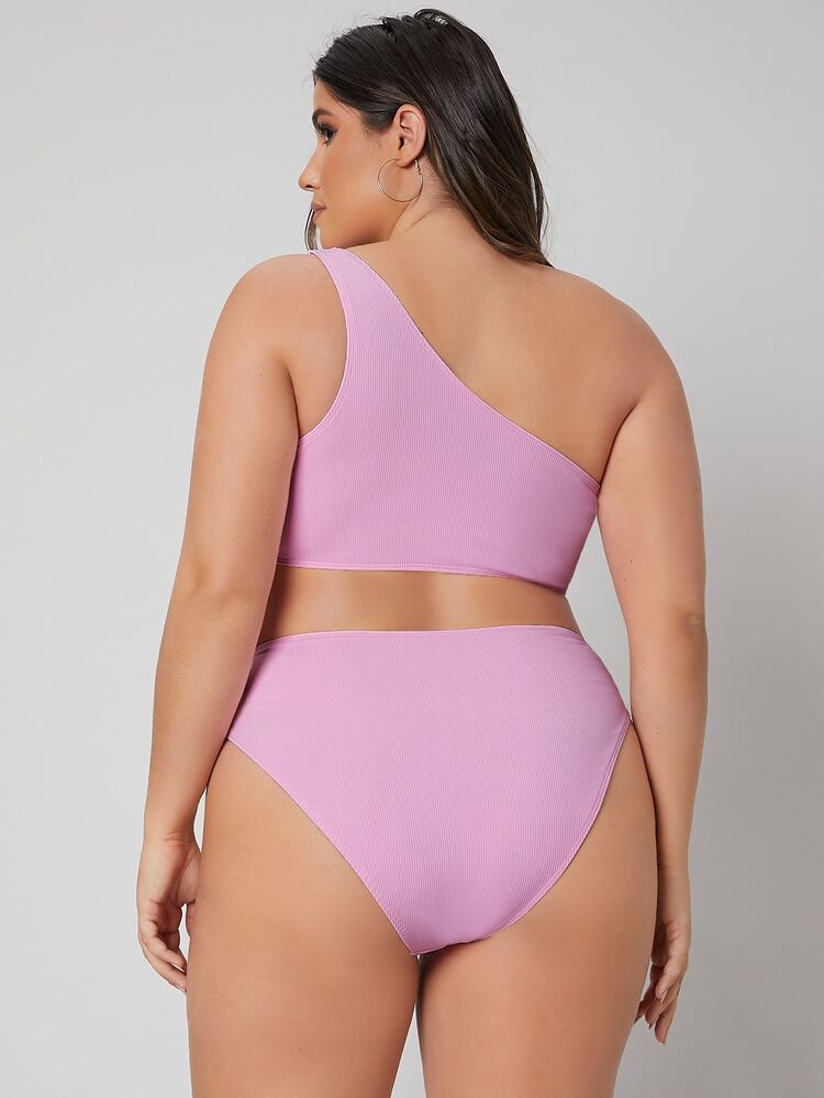 Conjunto de bikini de verano para playa de talla grande con costillas y un solo hombro - Rosa - Añade 2