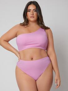 Conjunto de bikini de verano para playa de talla grande con costillas y un solo hombro - Rosa - Ver 3