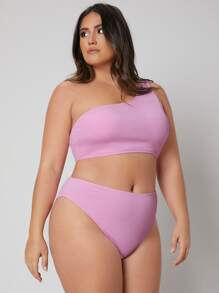 Conjunto de bikini de verano para playa de talla grande con costillas y un solo hombro - Rosa - Ver 4