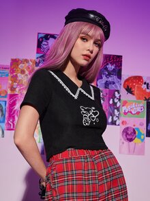 ROMWE Skull & Heart Print Crop Tee - Black - View 2