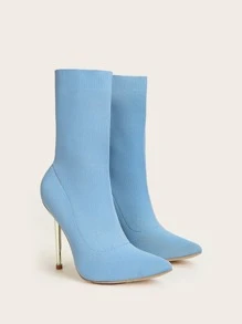 Minimalist Stiletto Knit Boots - Baby Blue - View 7