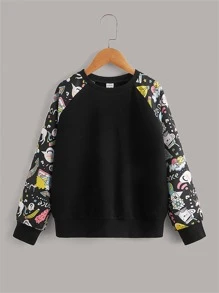 SHEIN Girls Cartoon And Letter Graphic Raglan Sleeve Sweatshirt - Black - View 1