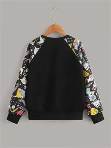 SHEIN Girls Cartoon And Letter Graphic Raglan Sleeve Sweatshirt - Black - View 2