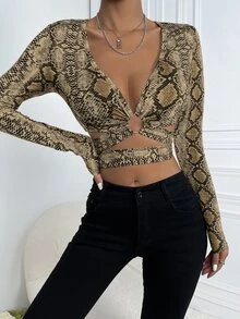 金屬圓環前後綁帶蛇紋短款上衣 - 彩色 - 查看 5