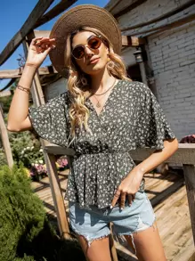 V領碎花荷葉邊襯衫 - 軍綠色 - 查看 1