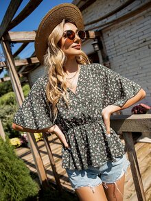 V領碎花荷葉邊襯衫 - 軍綠色 - 查看 5