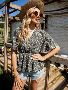 V領碎花荷葉邊襯衫 - 軍綠色 - 查看 6