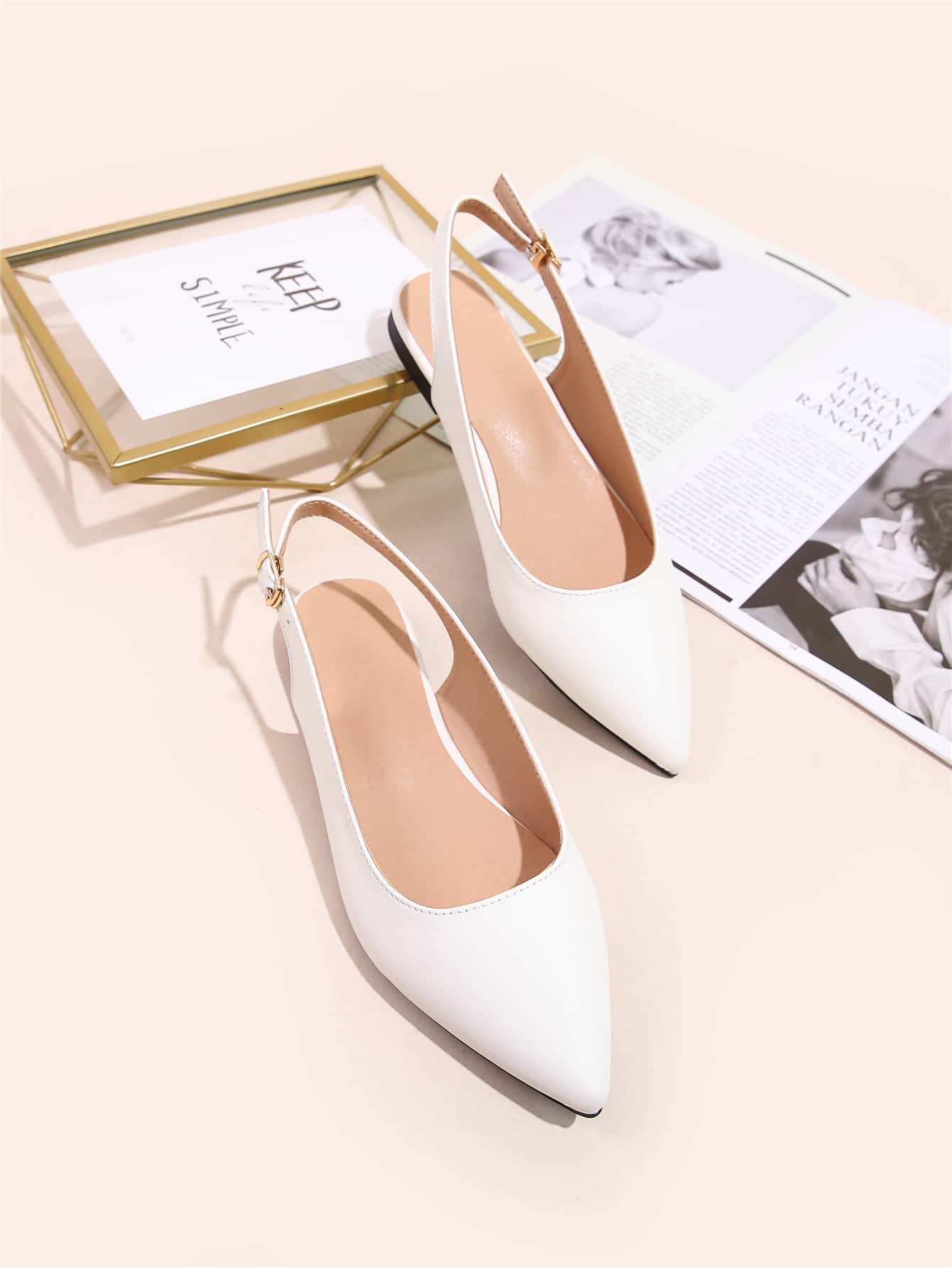 Fall/Winter Women White Minimalist Flats, Point Toe Slingback Flats - White - View 1