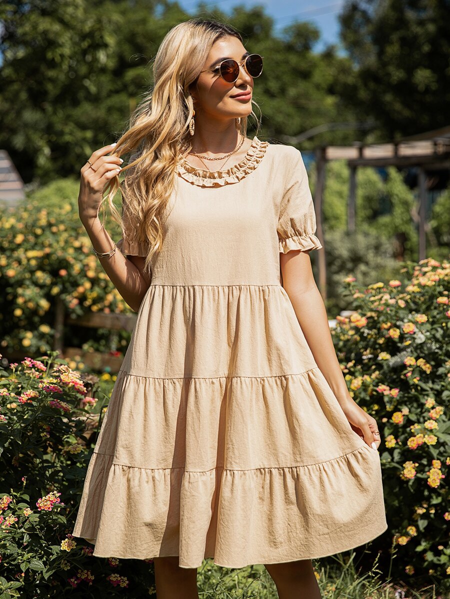 Đầm viền lá sen Viên lá sen màu trơn Boho - Màu be - Xem 1