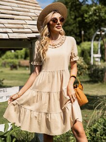 Đầm viền lá sen Viên lá sen màu trơn Boho - Màu be - Xem 3