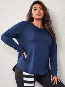 SHEIN Daily&Casual Plus Thumbholes Topstitching Sports Tee - Navy Blue - View 2