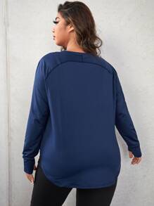 SHEIN Daily&Casual Plus Thumbholes Topstitching Sports Tee - Navy Blue - View 3