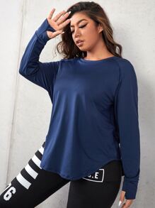 SHEIN Daily&Casual Plus Thumbholes Topstitching Sports Tee - Navy Blue - View 4