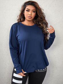 SHEIN Daily&Casual Plus Thumbholes Topstitching Sports Tee - Navy Blue - View 1
